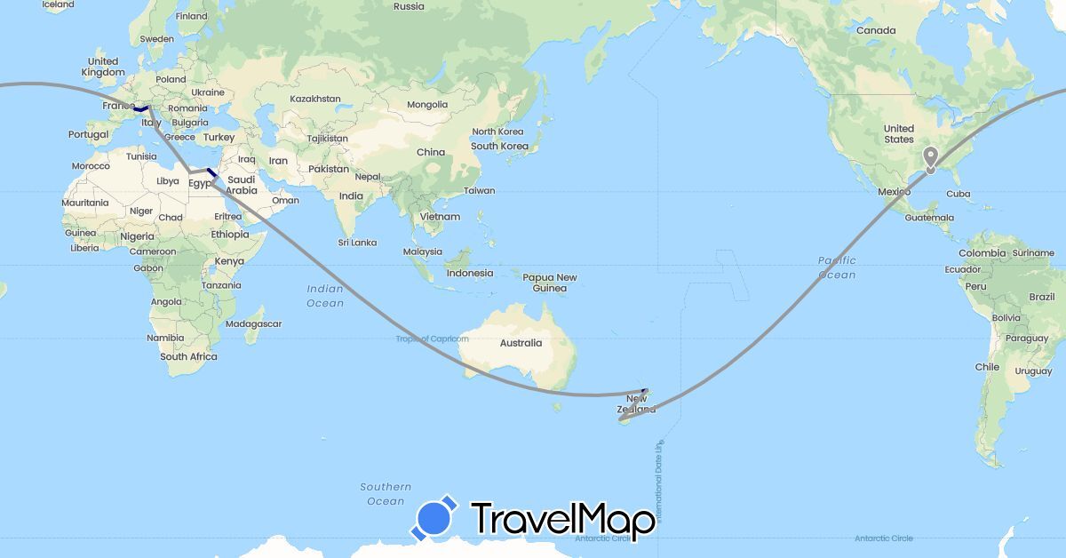 TravelMap itinerary: driving, plane in Egypt, Italy, New Zealand, United States (Africa, Europe, North America, Oceania)